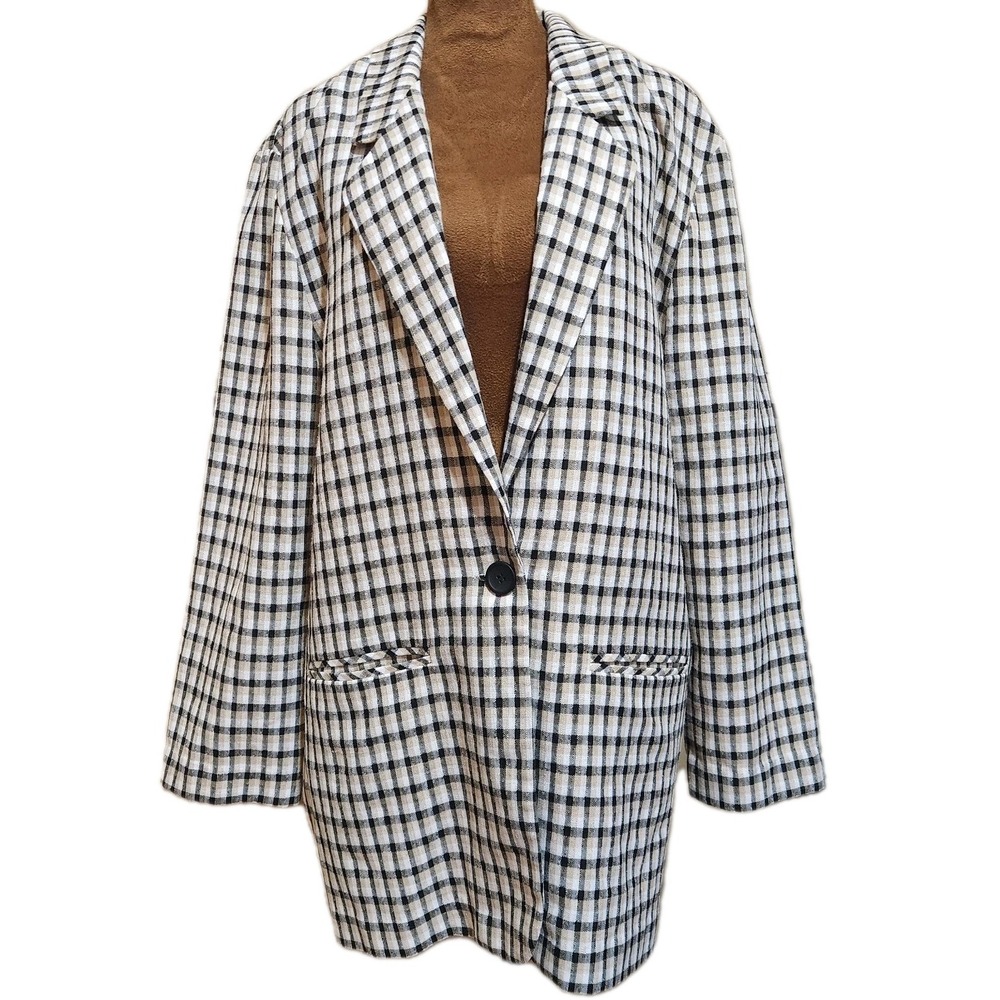 Modern Essentials Oversized Blazer‎ Neutral Plaid 90s Jacket Size L Lightweight